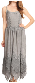 Sakkas Rayon Embroidered Stonewashed Adjustable Spaghetti Straps Long Dress#color_Grey