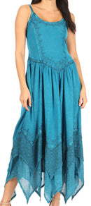 Sakkas Rayon Embroidered Stonewashed Adjustable Spaghetti Straps Long Dress