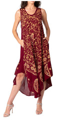 Sakkas Moon and Stars Batik Caftan Tank Dress / Cover Up#color_Burgundy/SunsetOrange