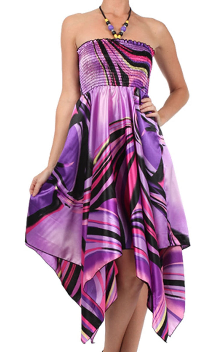 FO37A-5331 Swirl Design Satin Feel Beaded Halter Smocked Bodice Handkerchief Hem Dress - Blue / Large