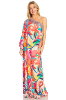 Sakkas Dora Women's One Shoulder Short Sleeve Casual Elegant Maxi Dress with Print