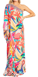 Sakkas Dora Women's One Shoulder Short Sleeve Casual Elegant Maxi Dress with Print