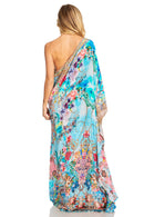 Sakkas Dora Women's One Shoulder Short Sleeve Casual Elegant Maxi Dress with Print