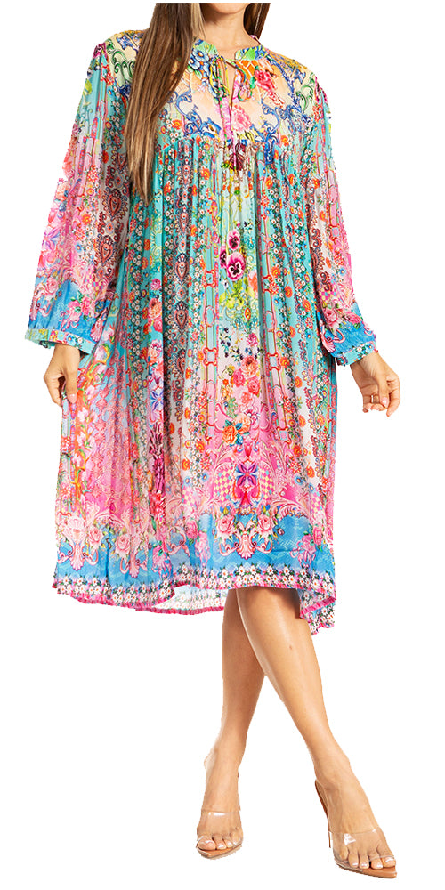 Sakkas Womens 3/4 Puff Sleeves Split Neck Summer Short Flowy Swing Dress/Cover-up L/XL / D-322-A