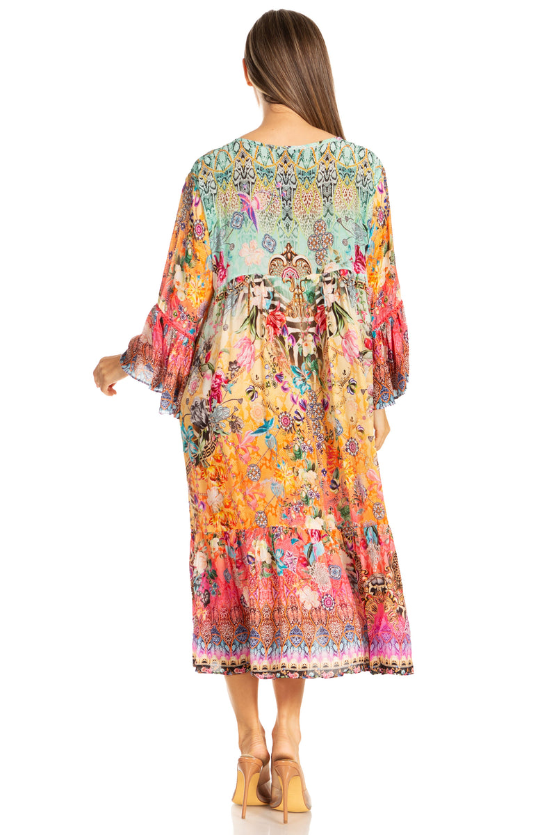 Sakkas Womens 3/4 Ruffled Sleeves Henley Neck Summer Short Flowy Dress/Beachwear L/XL / SM-464-B Sakkas Womens 3/4 Ruffled Sleeves Henley Neck Summer Short Flowy Dress/Beachwear L/XL / SM-464-B