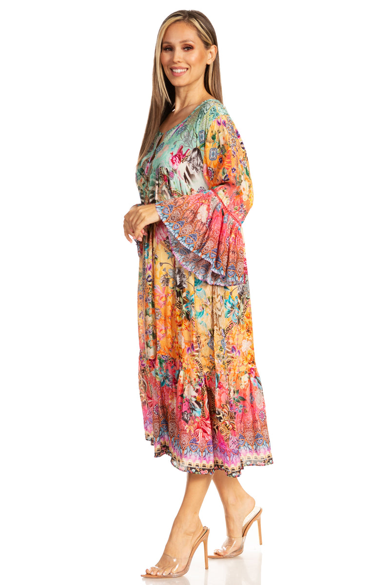 Sakkas Womens 3/4 Ruffled Sleeves Henley Neck Summer Short Flowy Dress/Beachwear L/XL / SM-464-B Sakkas Womens 3/4 Ruffled Sleeves Henley Neck Summer Short Flowy Dress/Beachwear L/XL / SM-464-B