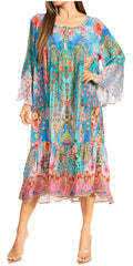 Sakkas Womens 3/4 Ruffled Sleeves Henley Neck Summer Short Flowy Dress/Beachwear#color_D-395-B