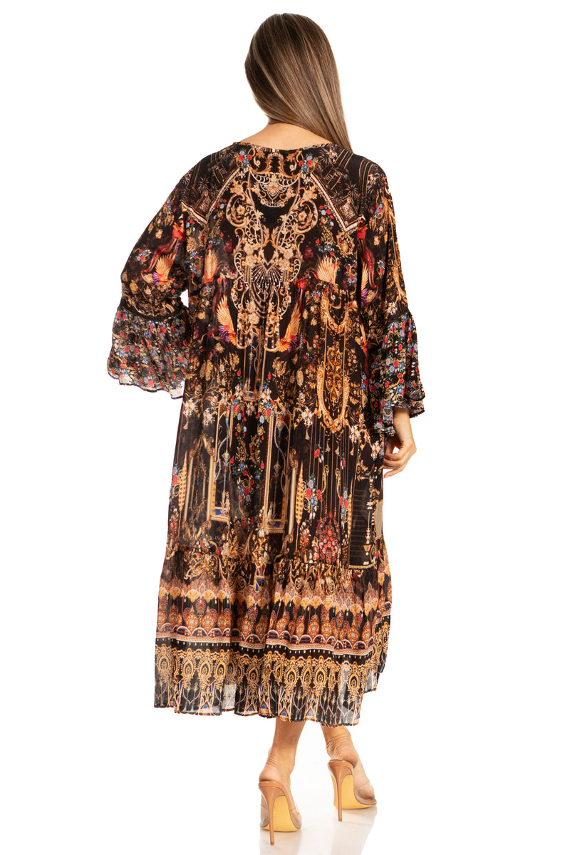 Sakkas Womens 3/4 Ruffled Sleeves Henley Neck Summer Short Flowy Dress Sakkas Womens 3/4 Ruffled Sleeves Henley Neck Summer Short Flowy Dress