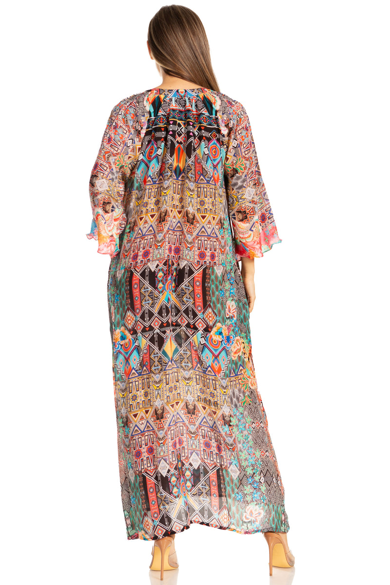 Sakkas Womens Henley Neck Elbow Sleeves Long A-Line Summer dress with pockets L/XL / SM-504-A Sakkas Womens Henley Neck Elbow Sleeves Long A-Line Summer dress with pockets L/XL / SM-504-A