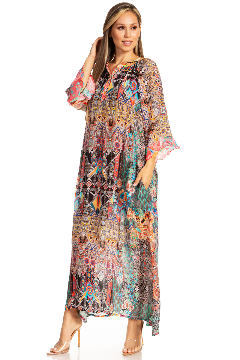Sakkas Womens Henley Neck Elbow Sleeves Long A-Line Summer dress with Sakkas Womens Henley Neck Elbow Sleeves Long A-Line Summer dress with