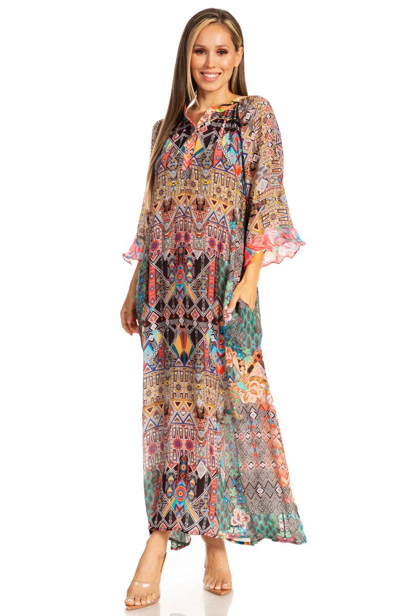Sakkas Womens Henley Neck Elbow Sleeves Long A-Line Summer dress with Sakkas Womens Henley Neck Elbow Sleeves Long A-Line Summer dress with