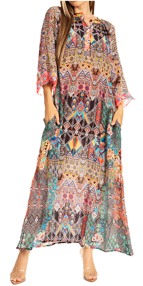 Sakkas Womens Henley Neck Elbow Sleeves Long A-Line Summer dress with pockets S/M / D-392-A