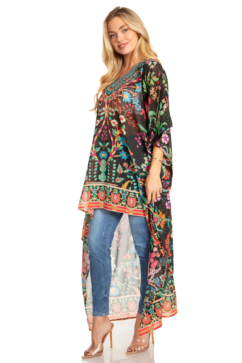 Sakkas Zeke Hi Low V-Neck Caftan Dress Printed Top Cover / Up