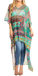 Sakkas Zeke Hi Low V-Neck Caftan Dress Printed Top Cover / Up