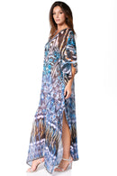 Sakkas Wilder  Printed Design Long Sheer Rhinestone Caftan Dress / Cover Up