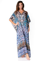 Sakkas Wilder  Printed Design Long Sheer Rhinestone Caftan Dress / Cover Up