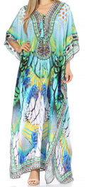 Sakkas  Georgettina Flowy  Rhinestone V Neck Long Caftan Dress / Cover Up#color_17193-TurquoiseMulti