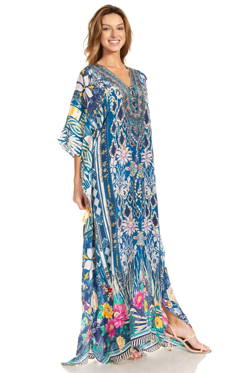 Sakkas Georgettina 2025 Flowy Rhinestone V Neck Long Caftan Dress / Cover Up