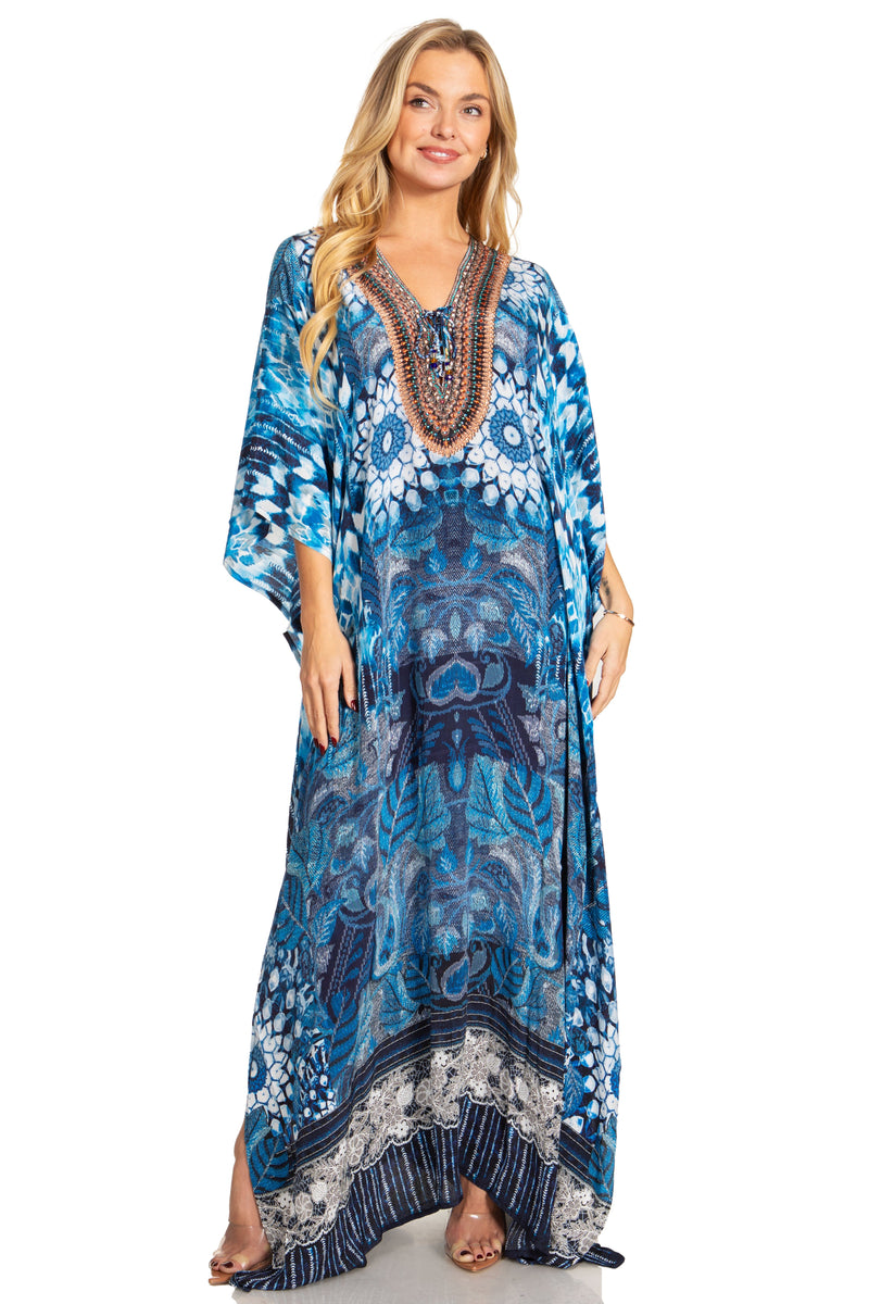 Sakkas Georgettina 2025 Flowy Rhinestone V Neck Long Caftan Dress / Cover Up