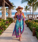 Sakkas  Georgettina Flowy  Rhinestone V Neck Long Caftan Dress / Cover Up