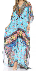 Sakkas  Georgettina Flowy  Rhinestone V Neck Long Caftan Dress / Cover Up#color_TurquoiseGreen/Multi