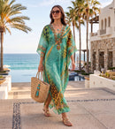 Sakkas  Georgettina Flowy  Rhinestone V Neck Long Caftan Dress / Cover Up