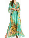 Sakkas  Georgettina Flowy  Rhinestone V Neck Long Caftan Dress / Cover Up#color_TurquoiseOrange