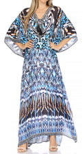 Sakkas  Georgettina Flowy  Rhinestone V Neck Long Caftan Dress / Cover Up#color_Black/White/Turquoise