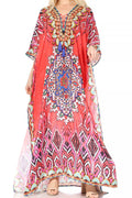Sakkas  Georgettina Flowy  Rhinestone V Neck Long Caftan Dress / Cover Up#color_Red/Blue