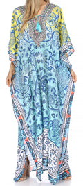 Sakkas  Georgettina Flowy  Rhinestone V Neck Long Caftan Dress / Cover Up#color_Yellow/Blue