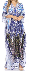 Sakkas  Georgettina Flowy  Rhinestone V Neck Long Caftan Dress / Cover Up#color_Black/White/Blue