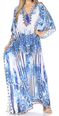 Sakkas  Georgettina Flowy  Rhinestone V Neck Long Caftan Dress / Cover Up#color_Blue/White