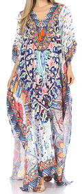 Sakkas  Georgettina Flowy  Rhinestone V Neck Long Caftan Dress / Cover Up#color_Blue/Orange/Navy