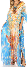 Sakkas  Georgettina Flowy  Rhinestone V Neck Long Caftan Dress / Cover Up#color_White/Turquoise