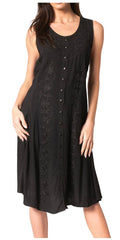Sakkas Maya Midi Floral Embroidered Sleeveless Button Up Rayon Dress#color_Black