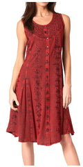 Sakkas Maya Midi Floral Embroidered Sleeveless Button Up Rayon Dress#color_Burgandy