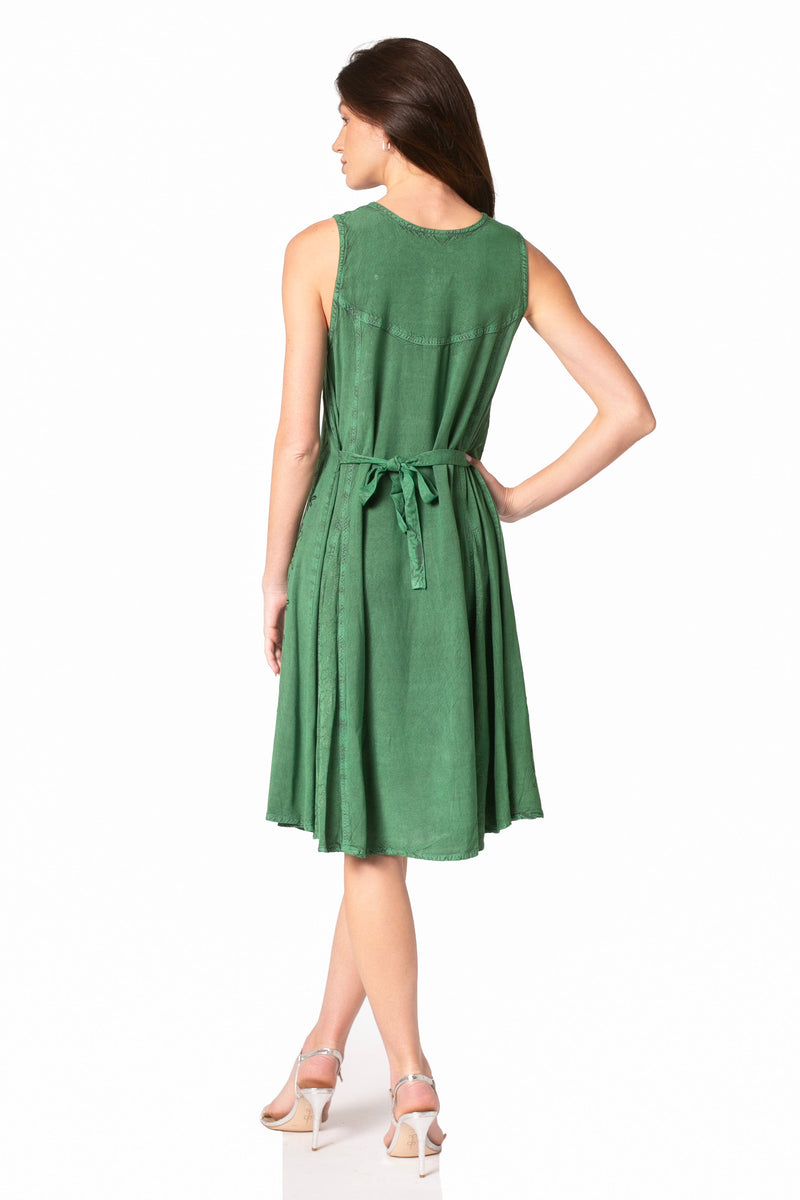 green emerald velvet dress Sakkas Sundara Stonewashed Rayon Embroidered Mid Length Dress - Grey