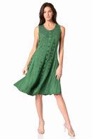 Sakkas Maya Midi Floral Embroidered Sleeveless Button Up Rayon Dress