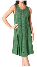 Sakkas Maya Midi Floral Embroidered Sleeveless Button Up Rayon Dress#color_Green