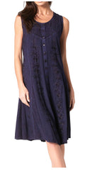 Sakkas Maya Midi Floral Embroidered Sleeveless Button Up Rayon Dress#color_Navy