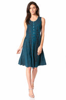 Sakkas Maya Midi Floral Embroidered Sleeveless Button Up Rayon Dress