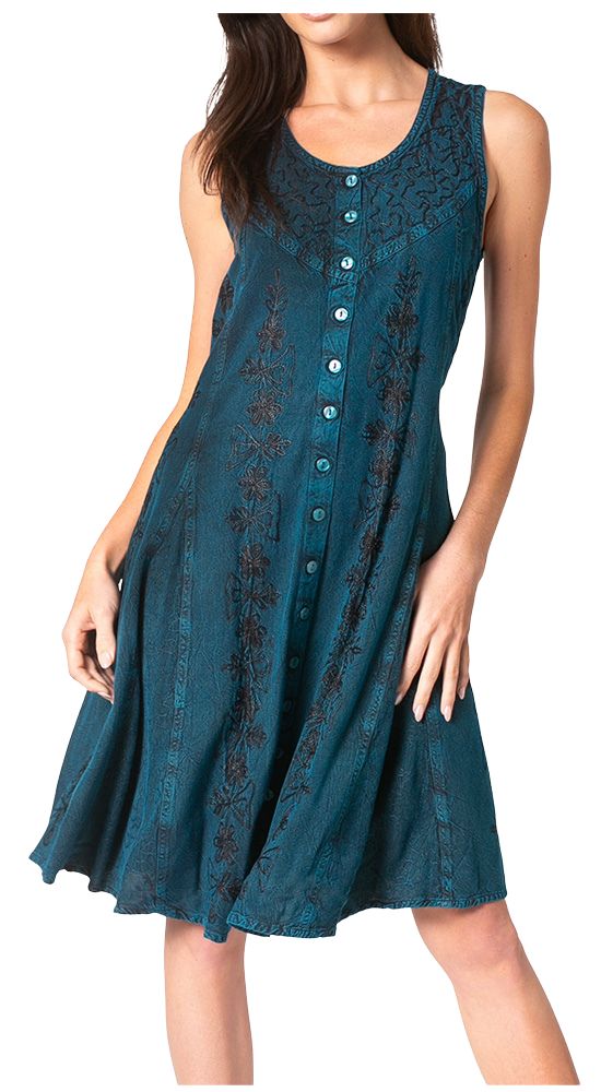 Sakkas Maya Midi Floral Embroidered Sleeveless Button Up Rayon Dress 1X/2X / Turquoise Sakkas Maya Midi Floral Embroidered Sleeveless Button Up Rayon Dress 1X/2X / Turquoise