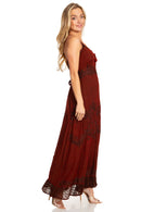 MKY Amy Stonewashed Rayon Embroidered Adjustable Spaghetti Straps Long Dress