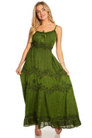 MKY Amy Stonewashed Rayon Embroidered Adjustable Spaghetti Straps Long Dress