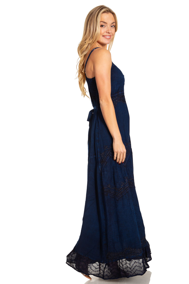 MKY Amy Stonewashed Rayon Embroidered Adjustable Spaghetti Straps Long MKY Amy Stonewashed Rayon Embroidered Adjustable Spaghetti Straps Long