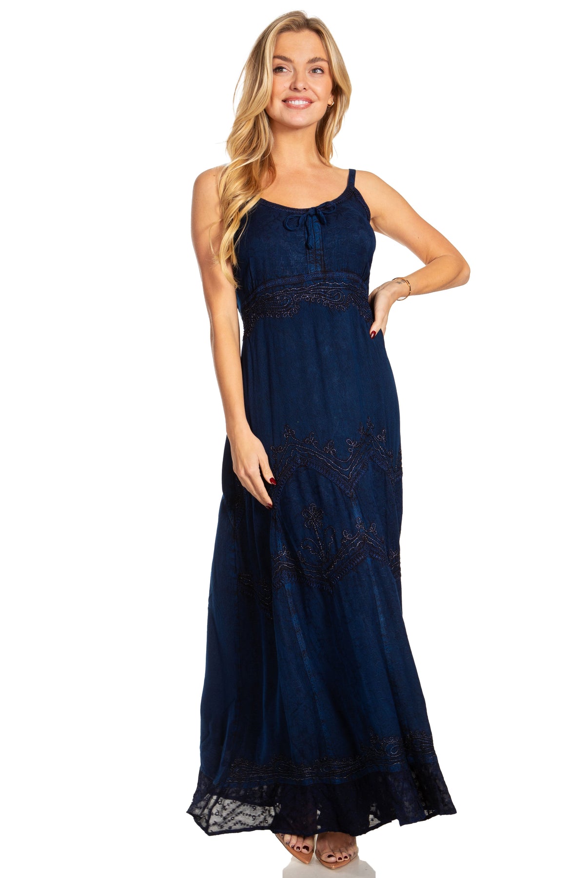MKY Amy Stonewashed Rayon Embroidered Adjustable Spaghetti Straps Long MKY Amy Stonewashed Rayon Embroidered Adjustable Spaghetti Straps Long