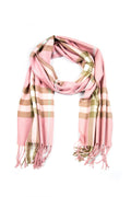 Sakkas Booker Cashmere Feel Solid Colored Unisex Winter Scarf With Fringe#color_Pink/BrownPlaid