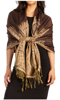 Sakkas 70" x 28" Big Paisley Jacquard Layered Woven Pashmina Shawl / Wrap Stole#color_Chocolate