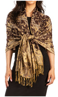 Sakkas Soft Silky Double Layer Jacquard Paisley Pashmina Shawl / Wrap / Scarf#color_Black/Gold