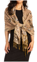 Sakkas Liua Long Wide Woven Patterned Design Multi Colored Pashmina Shawl / Scarf#color_Camel